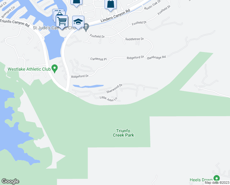 map of restaurants, bars, coffee shops, grocery stores, and more near 68 Little John Lane in Westlake Village