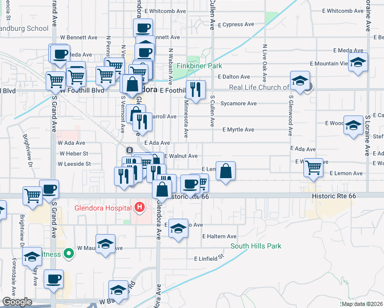 map of restaurants, bars, coffee shops, grocery stores, and more near 324 South Minnesota Avenue in Glendora