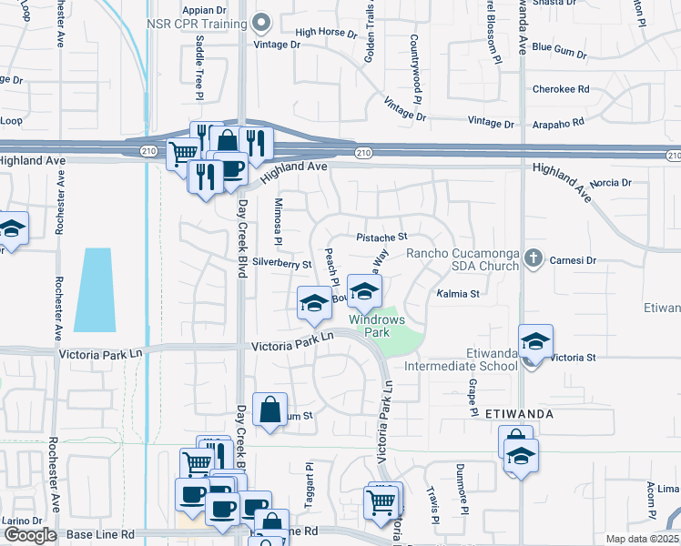 map of restaurants, bars, coffee shops, grocery stores, and more near 12455 Foxglove Court in Rancho Cucamonga