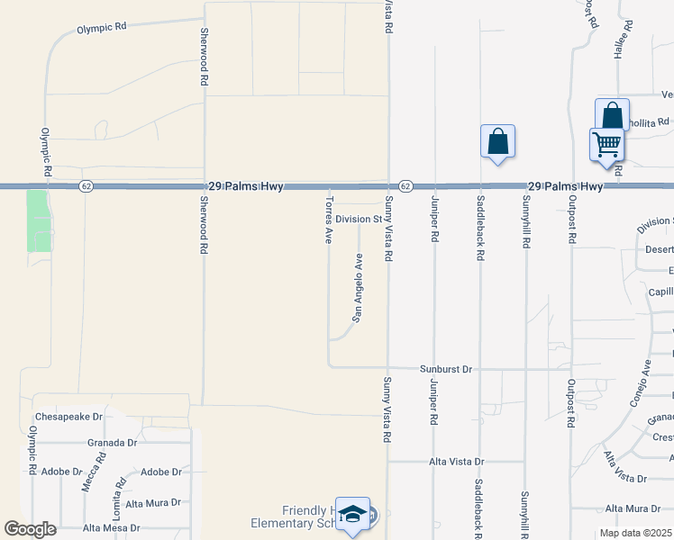map of restaurants, bars, coffee shops, grocery stores, and more near 6689 Torres Avenue in Joshua Tree