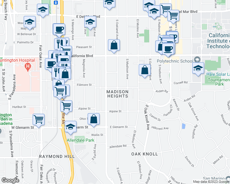 map of restaurants, bars, coffee shops, grocery stores, and more near 817 South Oakland Avenue in Pasadena