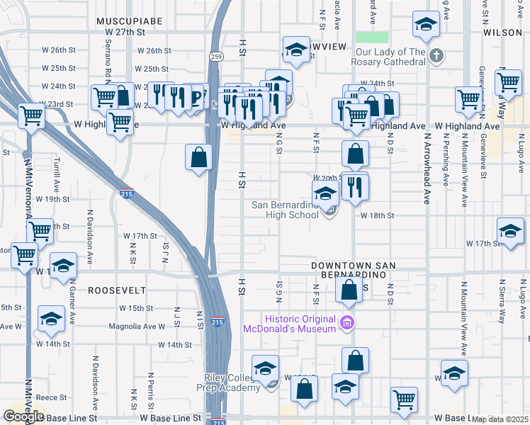 map of restaurants, bars, coffee shops, grocery stores, and more near 738 West 18th Street in San Bernardino
