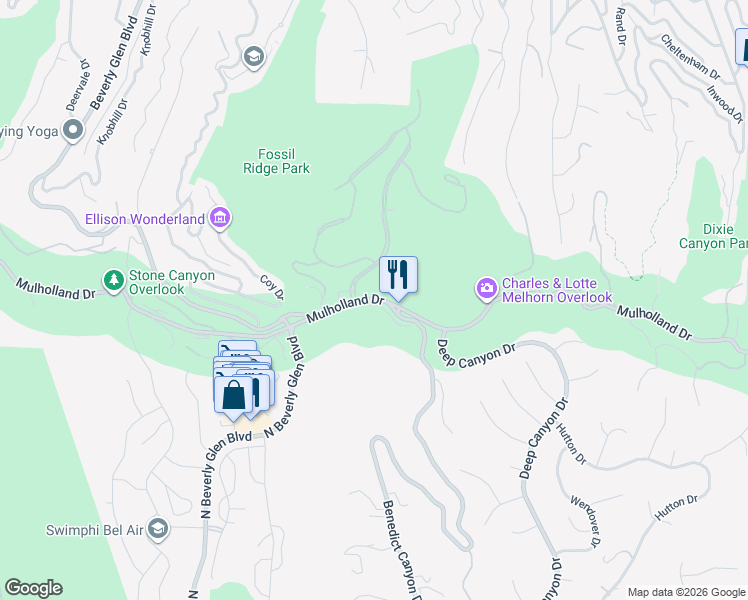 map of restaurants, bars, coffee shops, grocery stores, and more near 3201 Benedict Canyon Drive in Beverly Hills