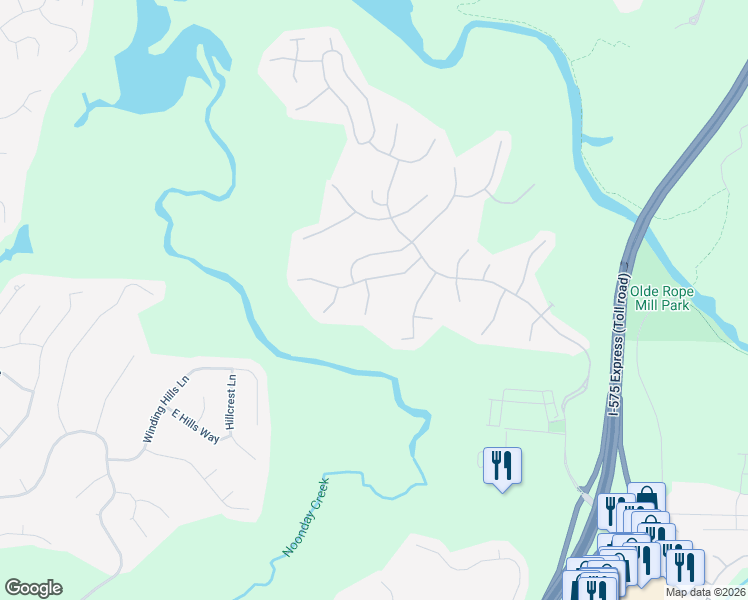 map of restaurants, bars, coffee shops, grocery stores, and more near 105 Whirlaway Place in Woodstock