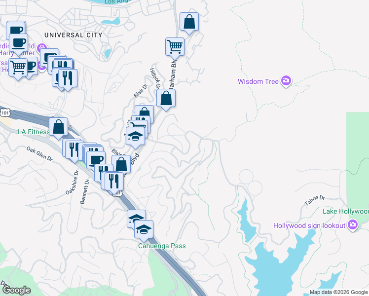 map of restaurants, bars, coffee shops, grocery stores, and more near 3410 La Sombra Drive in Los Angeles