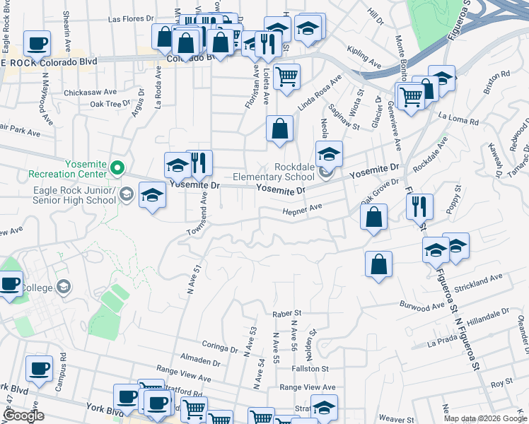 map of restaurants, bars, coffee shops, grocery stores, and more near 1491 Oak Grove Drive in Los Angeles