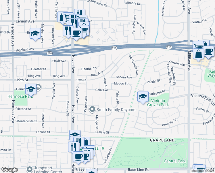 map of restaurants, bars, coffee shops, grocery stores, and more near 10773 Gala Avenue in Rancho Cucamonga