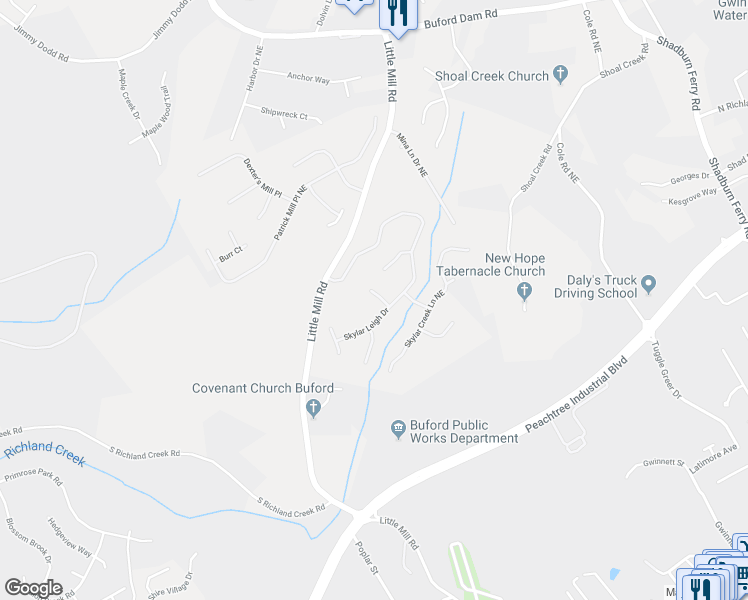 map of restaurants, bars, coffee shops, grocery stores, and more near 2337 Copper Grove Lane in Buford