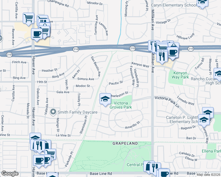 map of restaurants, bars, coffee shops, grocery stores, and more near 11048 Charleston Street in Rancho Cucamonga