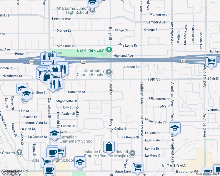 map of restaurants, bars, coffee shops, grocery stores, and more near 6734 Beryl Street in Rancho Cucamonga