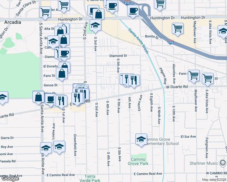 map of restaurants, bars, coffee shops, grocery stores, and more near 419 East Duarte Road in Arcadia