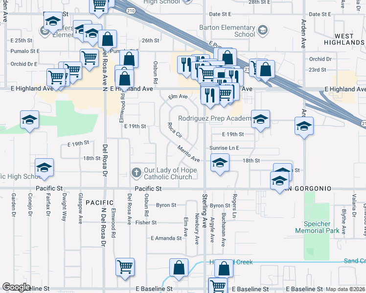 map of restaurants, bars, coffee shops, grocery stores, and more near 6735 Merito Avenue in San Bernardino
