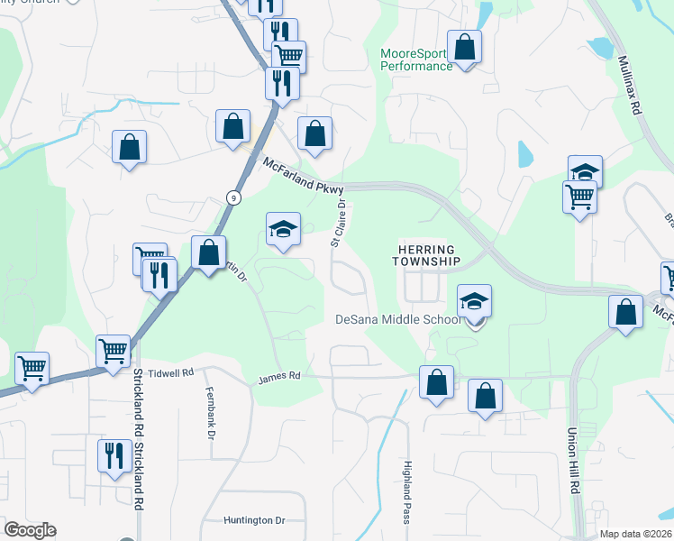 map of restaurants, bars, coffee shops, grocery stores, and more near 357 Saint Claire Drive in Alpharetta