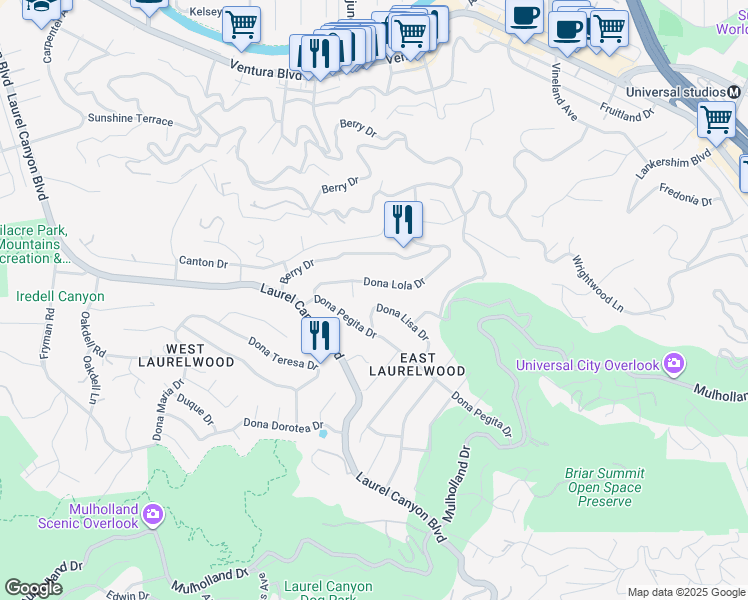 map of restaurants, bars, coffee shops, grocery stores, and more near 11351 Dona Lisa Drive in Los Angeles