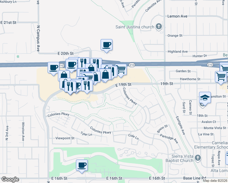 map of restaurants, bars, coffee shops, grocery stores, and more near 1267 Kendra Lane in Upland