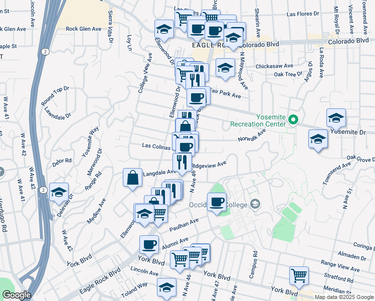 map of restaurants, bars, coffee shops, grocery stores, and more near 4729 Eagle Rock Boulevard in Los Angeles