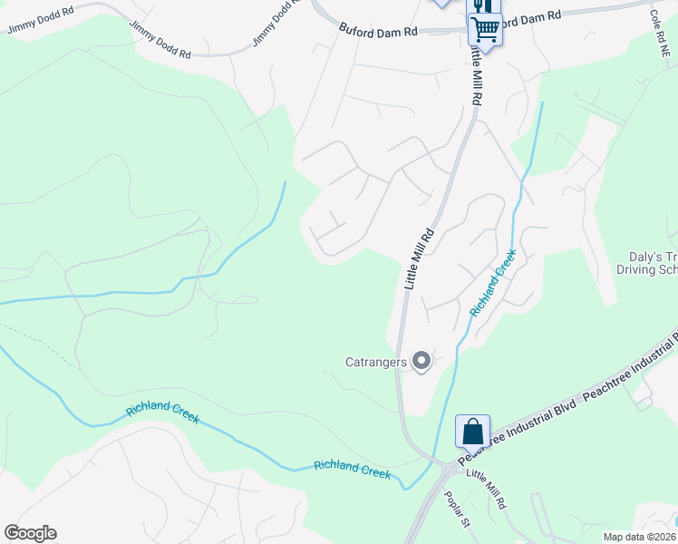 map of restaurants, bars, coffee shops, grocery stores, and more near 1685 Patrick Mill Place Northeast in Buford