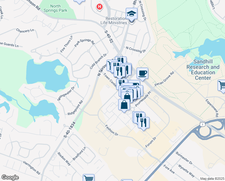 map of restaurants, bars, coffee shops, grocery stores, and more near 440 Town Center Place in Columbia