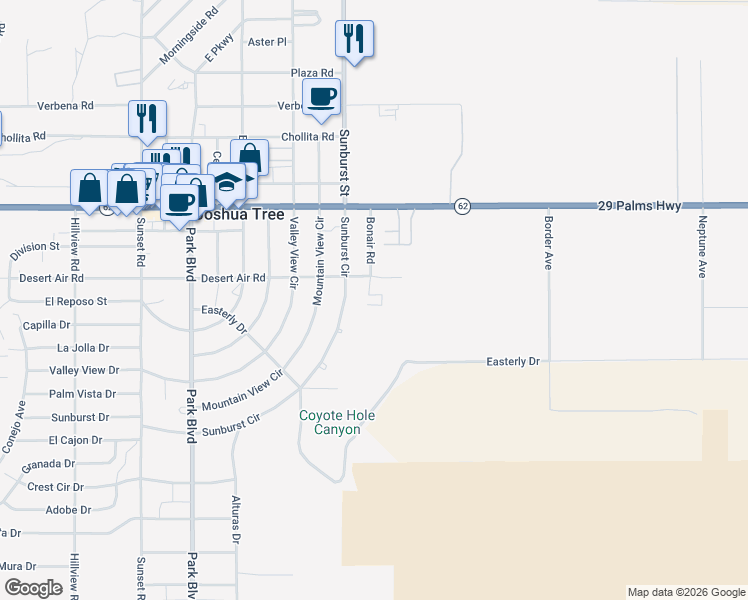 map of restaurants, bars, coffee shops, grocery stores, and more near 62147 Desert Air Road in Joshua Tree