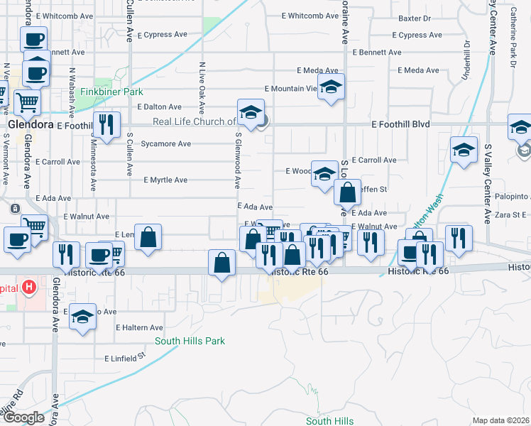 map of restaurants, bars, coffee shops, grocery stores, and more near 838 East Ada Avenue in Glendora