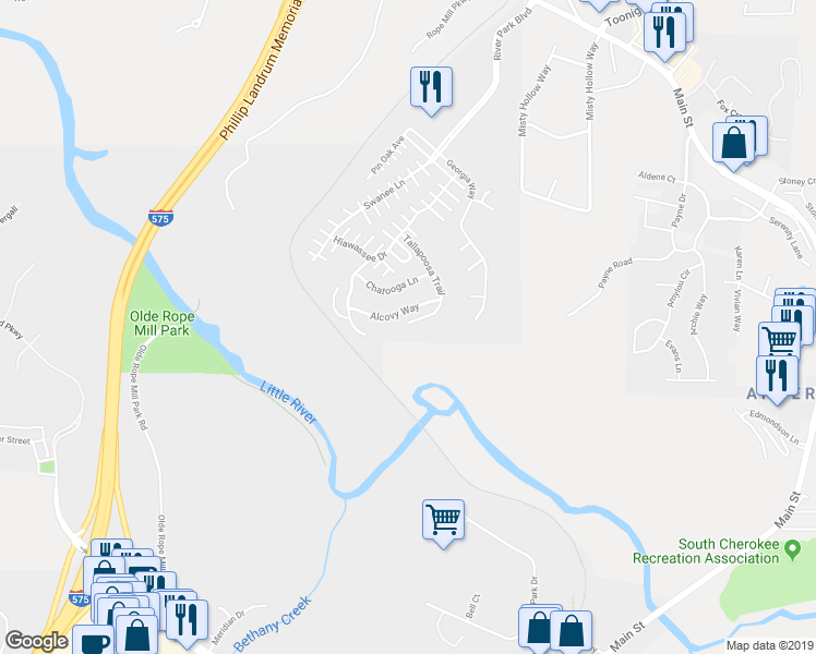 map of restaurants, bars, coffee shops, grocery stores, and more near 500 Tallapoosa Trail in Woodstock