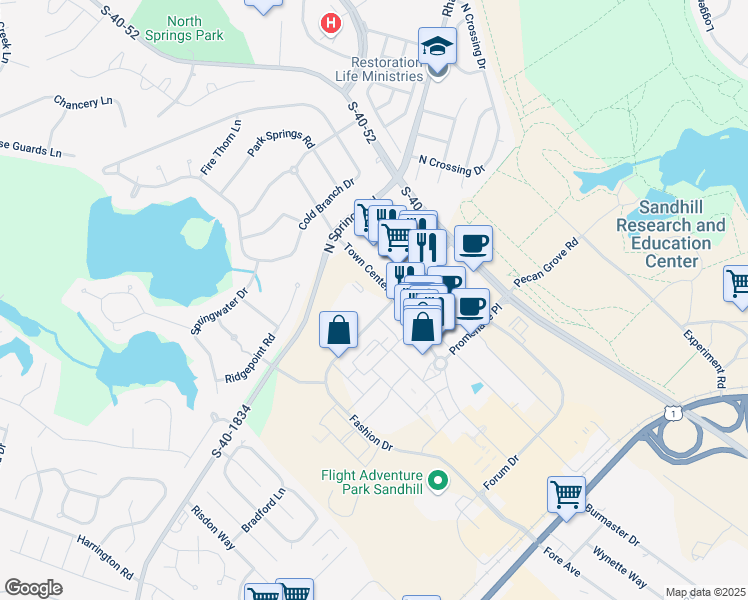 map of restaurants, bars, coffee shops, grocery stores, and more near 440 Town Center Place in Columbia