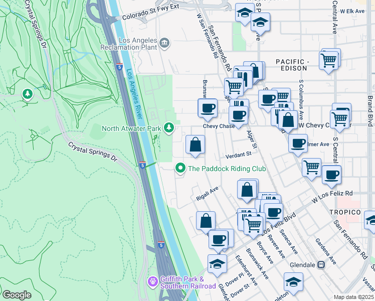 map of restaurants, bars, coffee shops, grocery stores, and more near 4014 Verdant Street in Los Angeles