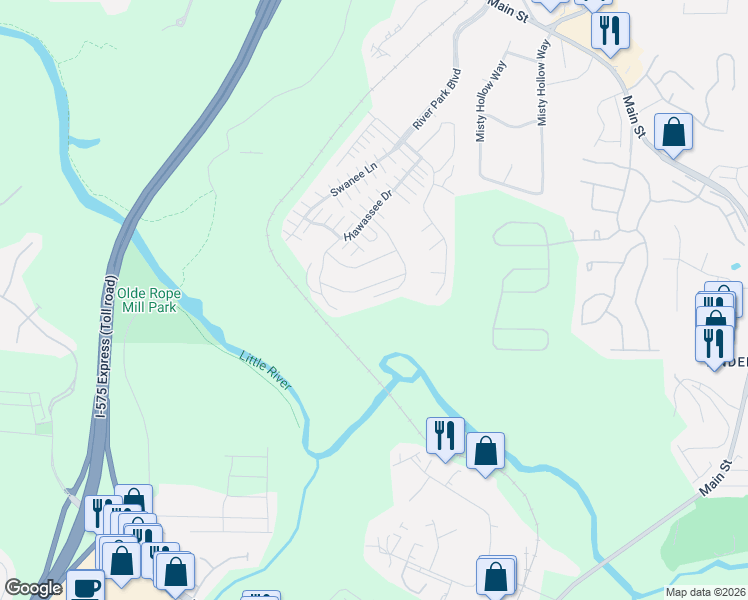 map of restaurants, bars, coffee shops, grocery stores, and more near 500 Tallapoosa Trail in Woodstock