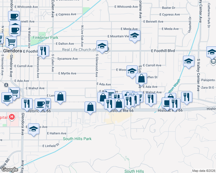 map of restaurants, bars, coffee shops, grocery stores, and more near 838 East Ada Avenue in Glendora