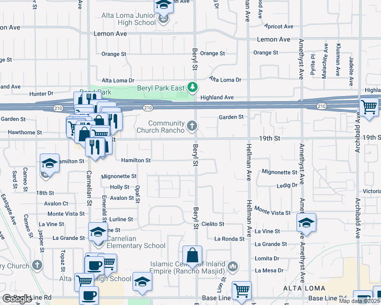 map of restaurants, bars, coffee shops, grocery stores, and more near 6734 Beryl Street in Rancho Cucamonga