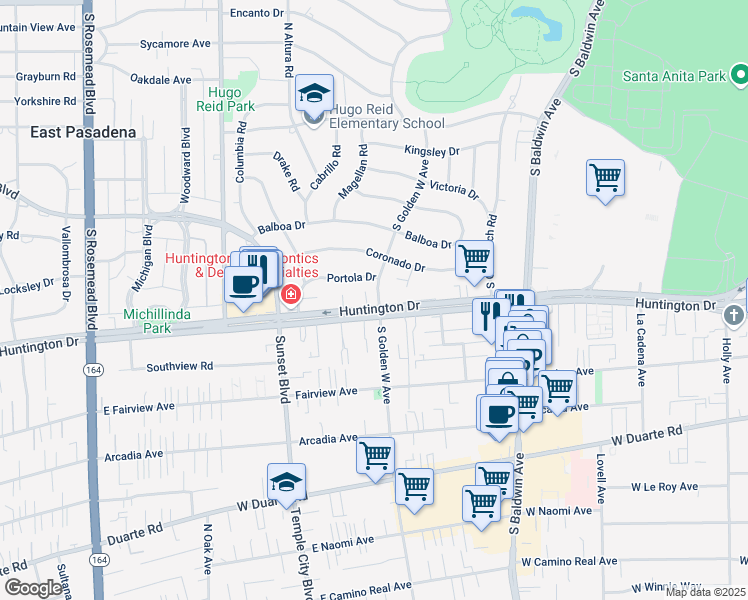 map of restaurants, bars, coffee shops, grocery stores, and more near 751 South Golden West Avenue in Arcadia