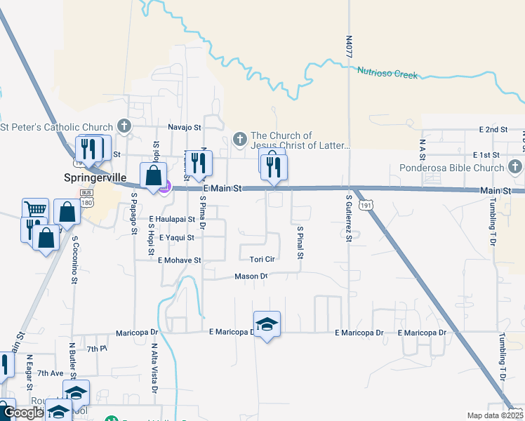 map of restaurants, bars, coffee shops, grocery stores, and more near 30 Chiricahua Drive in Springerville