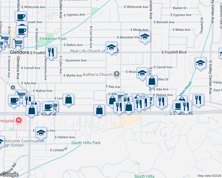 map of restaurants, bars, coffee shops, grocery stores, and more near 820 East Walnut Avenue in Glendora