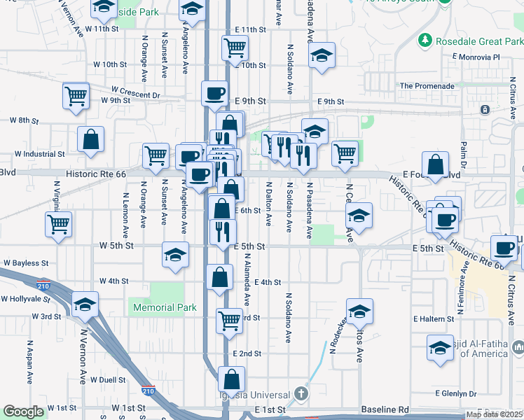 map of restaurants, bars, coffee shops, grocery stores, and more near 534 North Alameda Avenue in Azusa