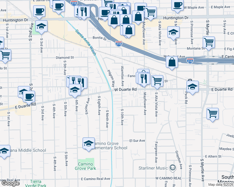 map of restaurants, bars, coffee shops, grocery stores, and more near 1826 South Ninth Avenue in Monrovia