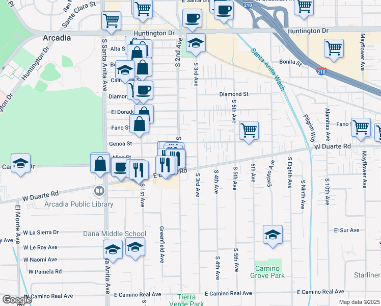 map of restaurants, bars, coffee shops, grocery stores, and more near 828 South 2nd Avenue in Arcadia