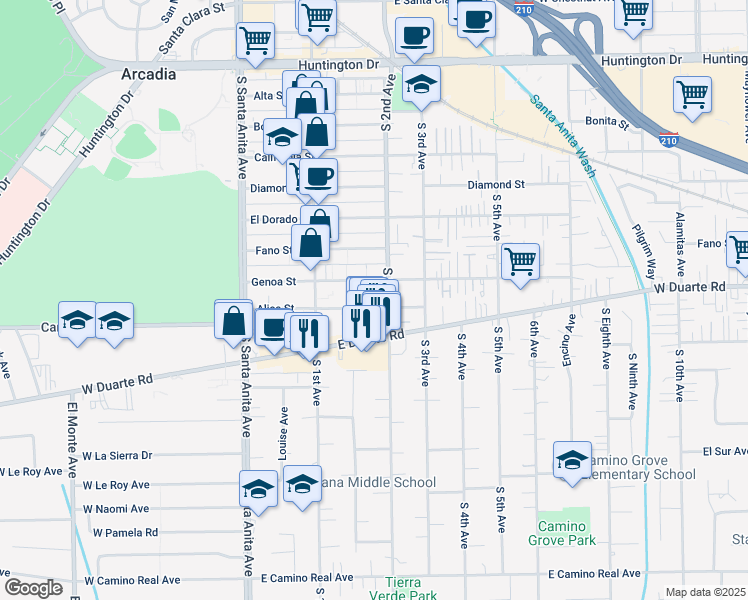 map of restaurants, bars, coffee shops, grocery stores, and more near 158A Alice Street in Arcadia