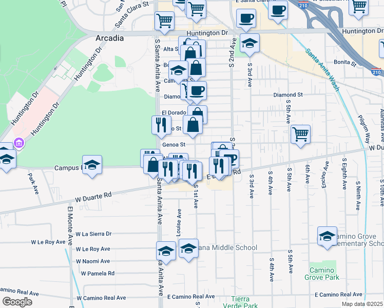 map of restaurants, bars, coffee shops, grocery stores, and more near 50 Alice Street in Arcadia