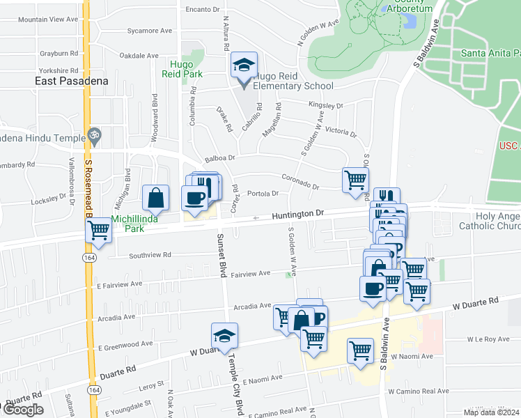 map of restaurants, bars, coffee shops, grocery stores, and more near 928 West Huntington Drive in Arcadia