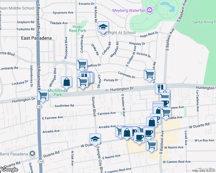 map of restaurants, bars, coffee shops, grocery stores, and more near 1014 West Huntington Drive in Arcadia