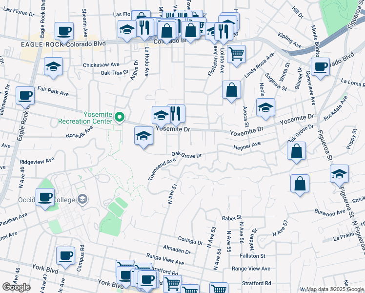 map of restaurants, bars, coffee shops, grocery stores, and more near 1588 Silver Oak Terrace in Los Angeles
