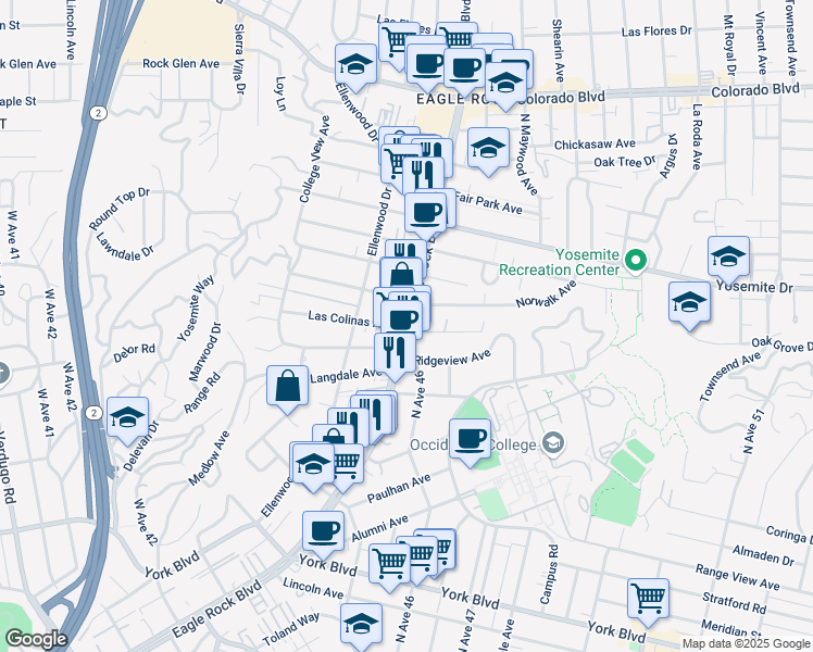 map of restaurants, bars, coffee shops, grocery stores, and more near 4729 Eagle Rock Boulevard in Los Angeles