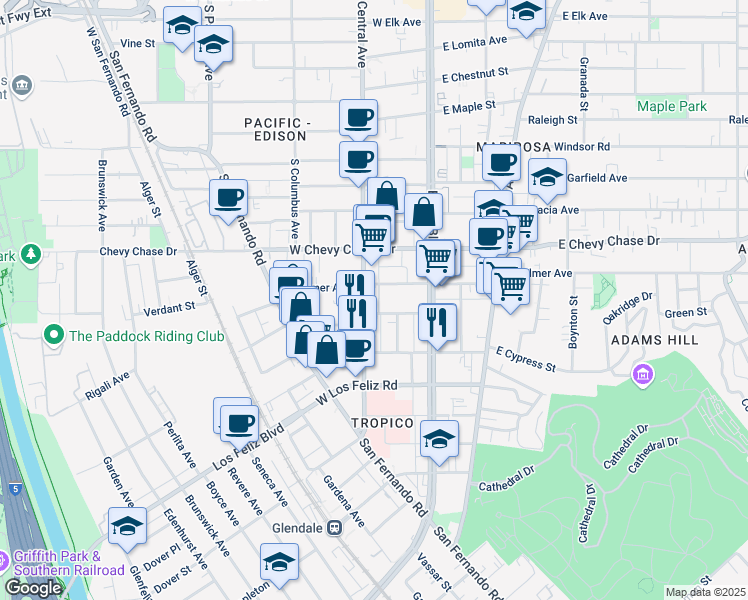 map of restaurants, bars, coffee shops, grocery stores, and more near 210 Magnolia Avenue in Glendale