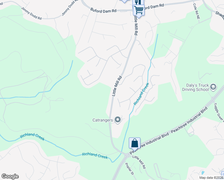 map of restaurants, bars, coffee shops, grocery stores, and more near 5528 Little Mill Road in Buford
