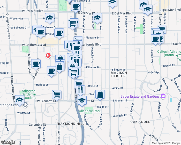 map of restaurants, bars, coffee shops, grocery stores, and more near 815 Magnolia Avenue in Pasadena