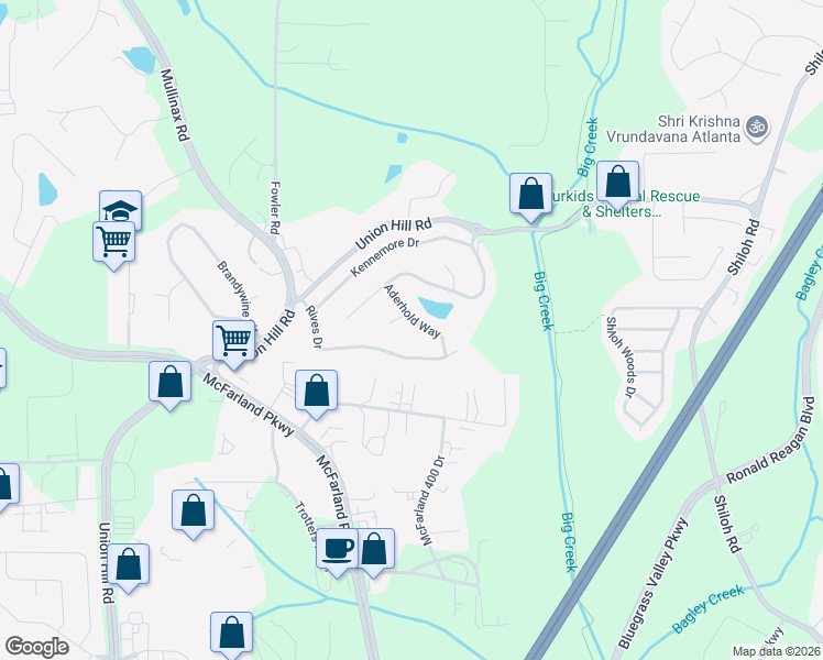 map of restaurants, bars, coffee shops, grocery stores, and more near 6020 Aderhold Way in Alpharetta