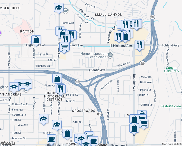 map of restaurants, bars, coffee shops, grocery stores, and more near 1877 Buckeye Court in Highland