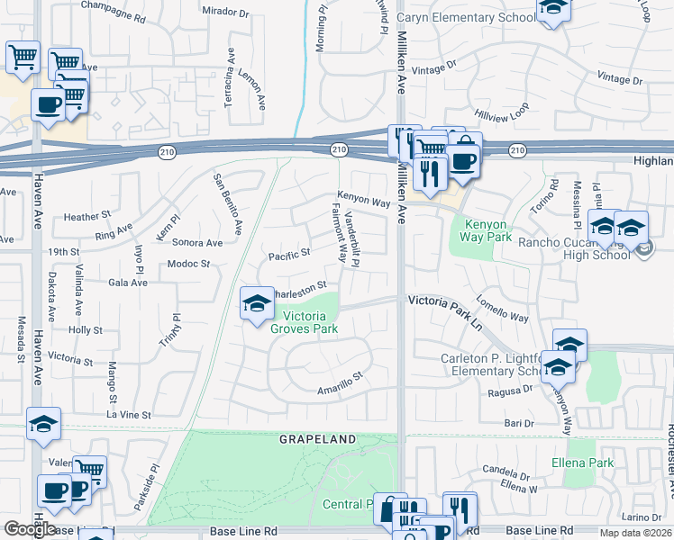map of restaurants, bars, coffee shops, grocery stores, and more near 11161 Taylor Court in Rancho Cucamonga