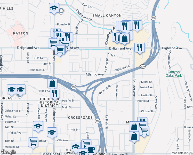 map of restaurants, bars, coffee shops, grocery stores, and more near 3931 Atlantic Avenue in Highland