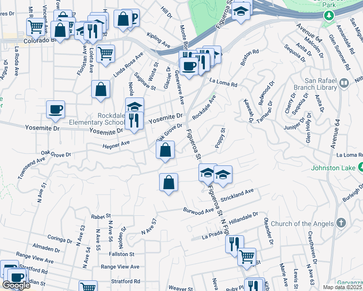 map of restaurants, bars, coffee shops, grocery stores, and more near 6020 Eucalyptus Lane in Los Angeles